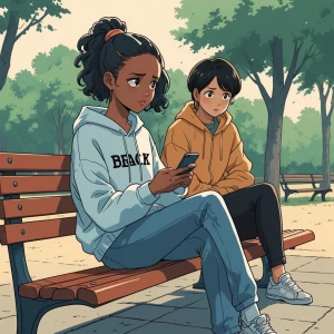 An japanese minimalistic anime image of a black American girl si...
