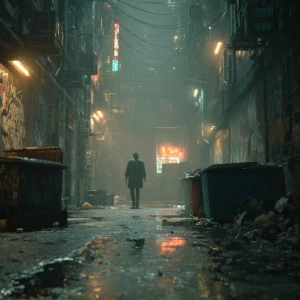 Cyberpunk city street. Medium shot. A lone figure in tattered ho...
