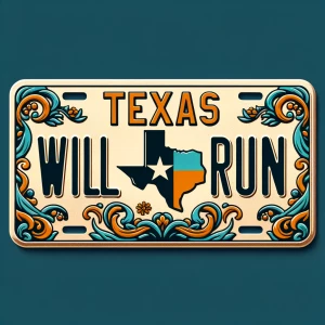 Texas license plate but the number is WILL RUN