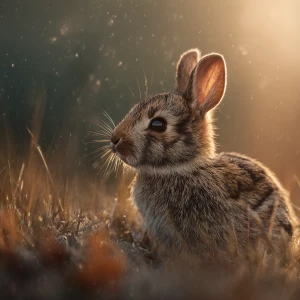 Create a serene scene with a baby rabbit peacefully sitting in t...