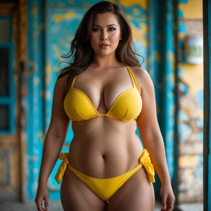 Woman with large chest and yellow bikini