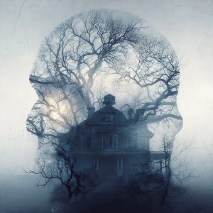 A Victorian gothic mansion in the moonlight, dead twisted trees,...