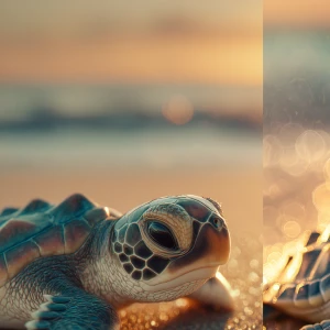 Coco the baby sea turtle on a sandy beach at sunrise, warm golde...