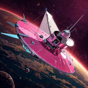 Cruising through the digital skies, a magenta-hued vintage-chic...