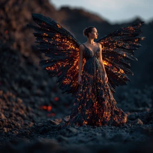 Surrealist couture photography, model standing in volcanic terra...