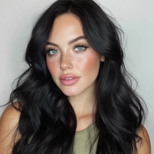 The person in the image is a woman with fair skin and a symmetri...