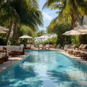 Imagine a serene outdoor poolside lounge featuring cushioned sun...