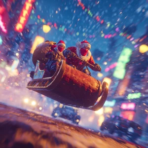 Create an epic Christmas banner in GTA Vice City style: Santa in...