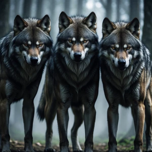 Three alpha kings werewolfs standing together big black wolves f...