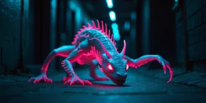 In the dimly lit alleyway, an eccentrically twisted creature wit...