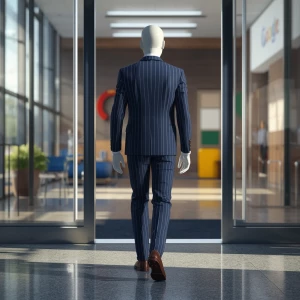 A highly stylized 3D render of a featureless human figure with n...