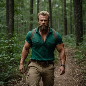 A muscular man with a hairy chest, wearing work boots, a green s...