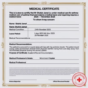 MEDICAL CERTIFICATE

Date: [Current Date]

TO WHOM IT MAY CO...