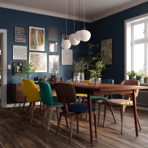 Create an image of a Nordic dining room featuring deep blue wall...