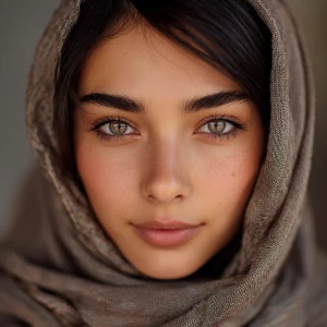 Generate an image of a beautiful young Muslim woman with a peace...
