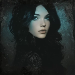A resplendently enigmatic digital oracle, her dark beauty a haun...