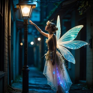 In a dimly-lit alleyway, an enchanting fairy with translucent wi...