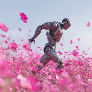 A sleek, metallic robot gracefully dancing amidst a sea of vibra...