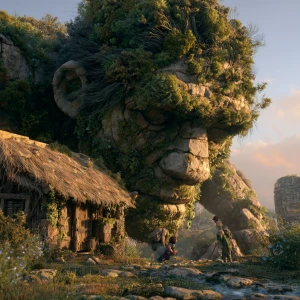 A cinematic, hyper-detailed continuation. The colossal moss-cove...