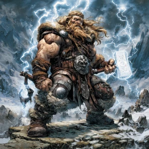 Full-body portrait of Thor, Norse god of thunder, standing in a...