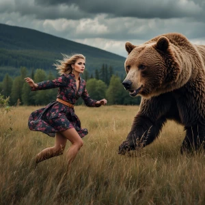 A beautiful woman being chased by a bear
