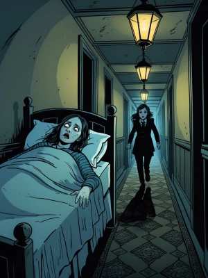 Cartoon cinematic horror illustration: the mother lying sick in...