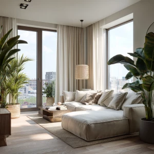 high-end luxury apartment interior with beige linen furniture, o...