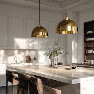 Create a sophisticated scene with elegant brass pendant lights s...
