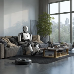 Sleek anthropomorphic humanoid robot vacumns living room.