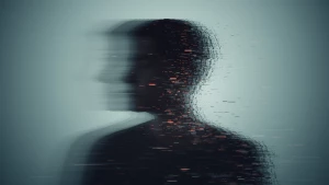 Visual: A person or a silhouette dissolving into pixelated motio...