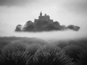 Monochrome figure in fog, poetic mood Storm over lavender fields...