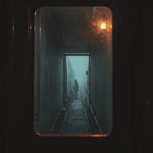 Inside a dark, dimly lit train tunnel, the perspective is from a...