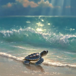 A happy Small Baby turtle chasing surf and sun ray on the beach