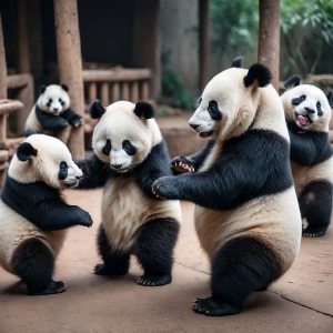 a small baby panda dancing at a party with other giant pandas bu...