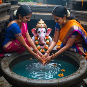A very beautiful women immerging lord Ganesh in a well by her's...