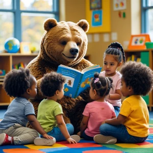 Generate an image of a bear reading to a group of 5 inter racial...