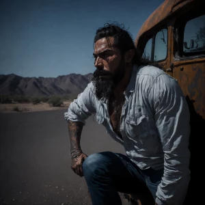 In a run-down rest area along an isolated highway, a rugged truc...