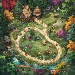 A detailed fantasy board game illustration with a path made of 1...