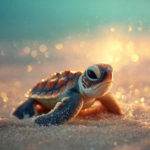 A baby sea turtle named Coco is peacefully sitting on a sandy be...