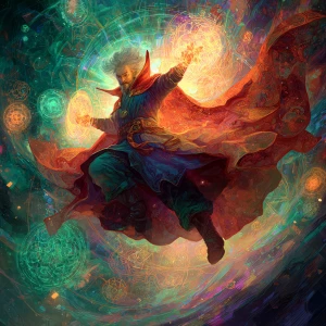 A mysterious and vibrant warlock, floating in mid-air amidst a s...
