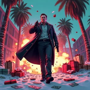 Elon Musk in GTA art style in action: steel vault door blown inw...