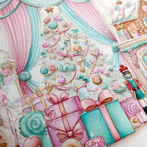 A detailed watercolor illustration of a whimsical pastel Christm...