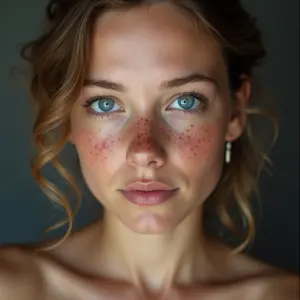 A very pretty nude girl with bright blue eyes and freckles acros...