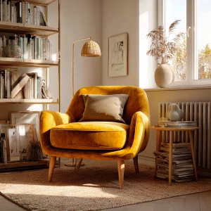 Create a cozy Scandinavian reading corner featuring a velvet arm...