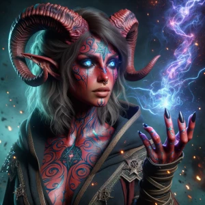 Hyper-realistic fantasy portrait of a female tiefling warlock ca...