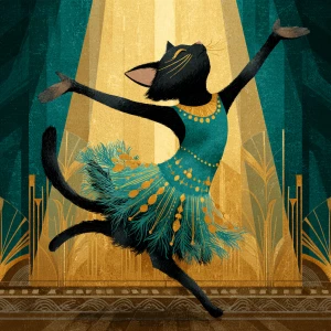 A cat dancing like a flapper with a flapper dress in an art deco...