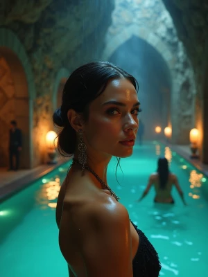 Ultra-realistic portrait of a vigilant woman in half-profile, da...