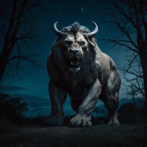 Imagine a giant mythical beast exuding primal power under the en...