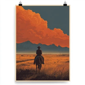 Cinematic western poster style. A lone cowboy on horseback rides...