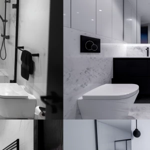 “Modern small black and white bathroom, matte black fixtures, wh...